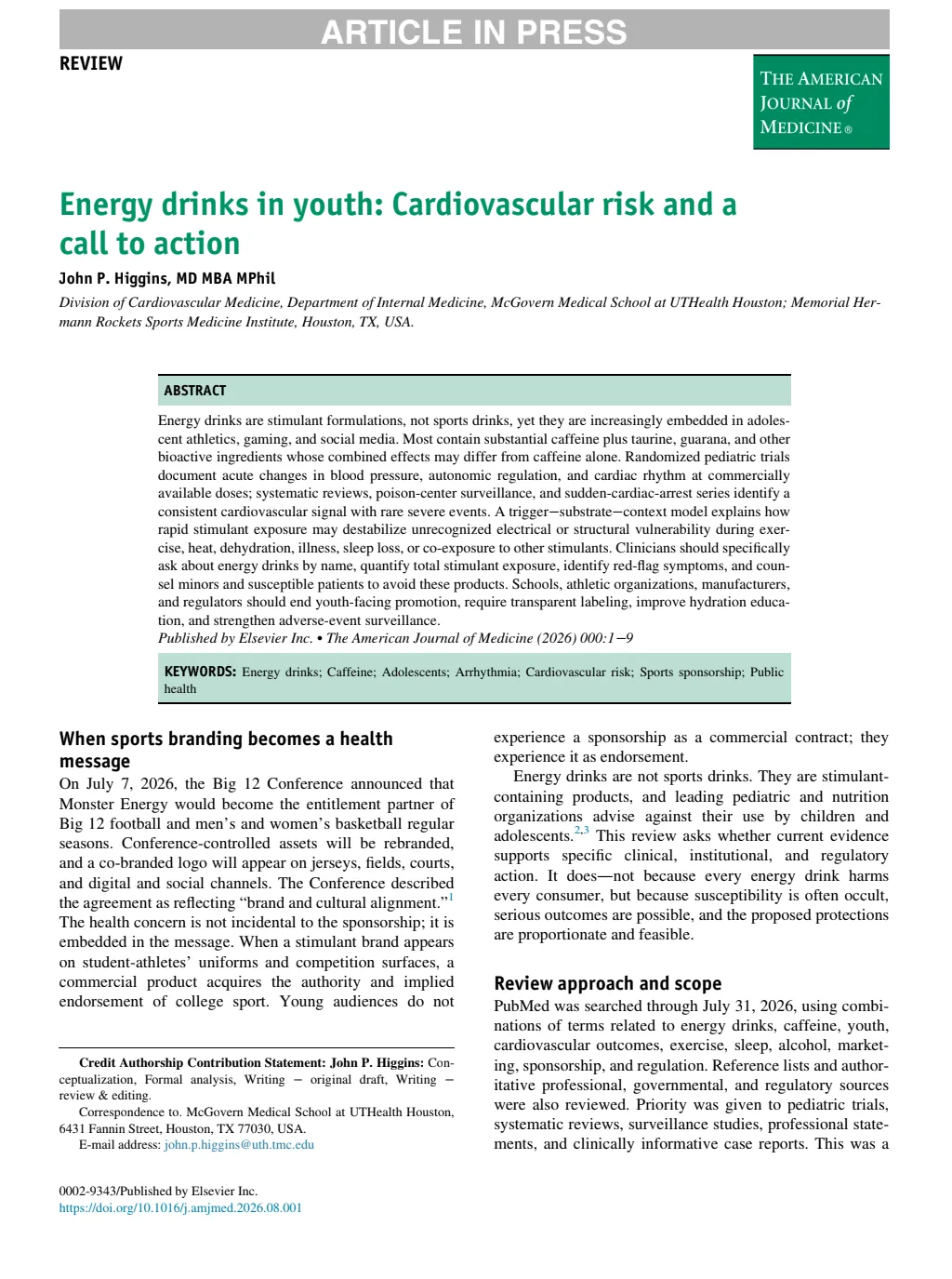 First page of “Energy drinks in youth: Cardiovascular risk and a call to action” by John P. Higgins, The American Journal of Medicine
