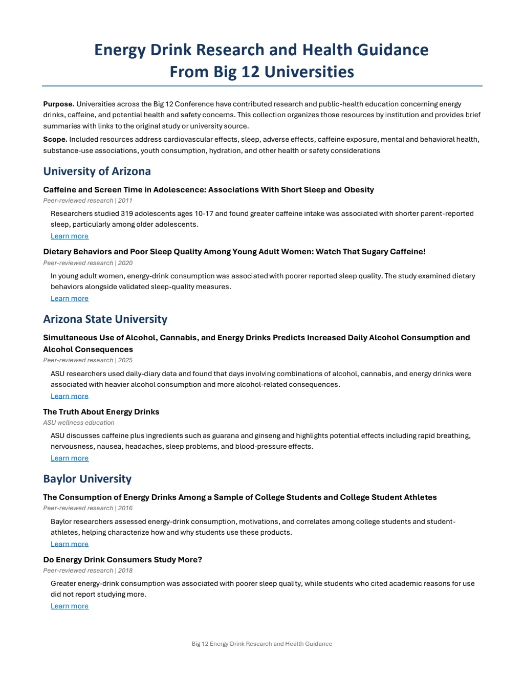 First page of “Energy Drink Research and Health Guidance From Big 12 Universities”