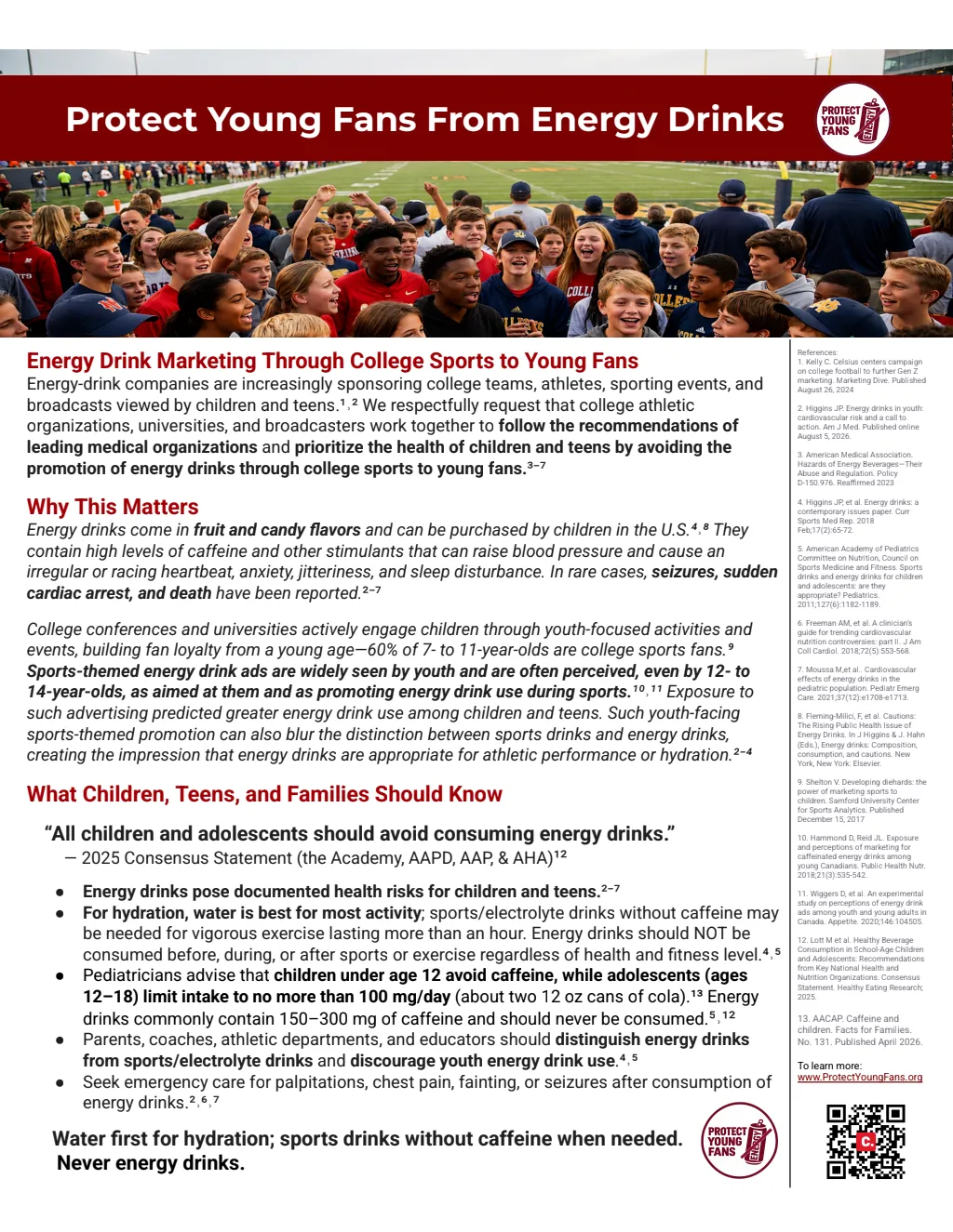 Protect Young Fans one-page info sheet on energy drink marketing through college sports