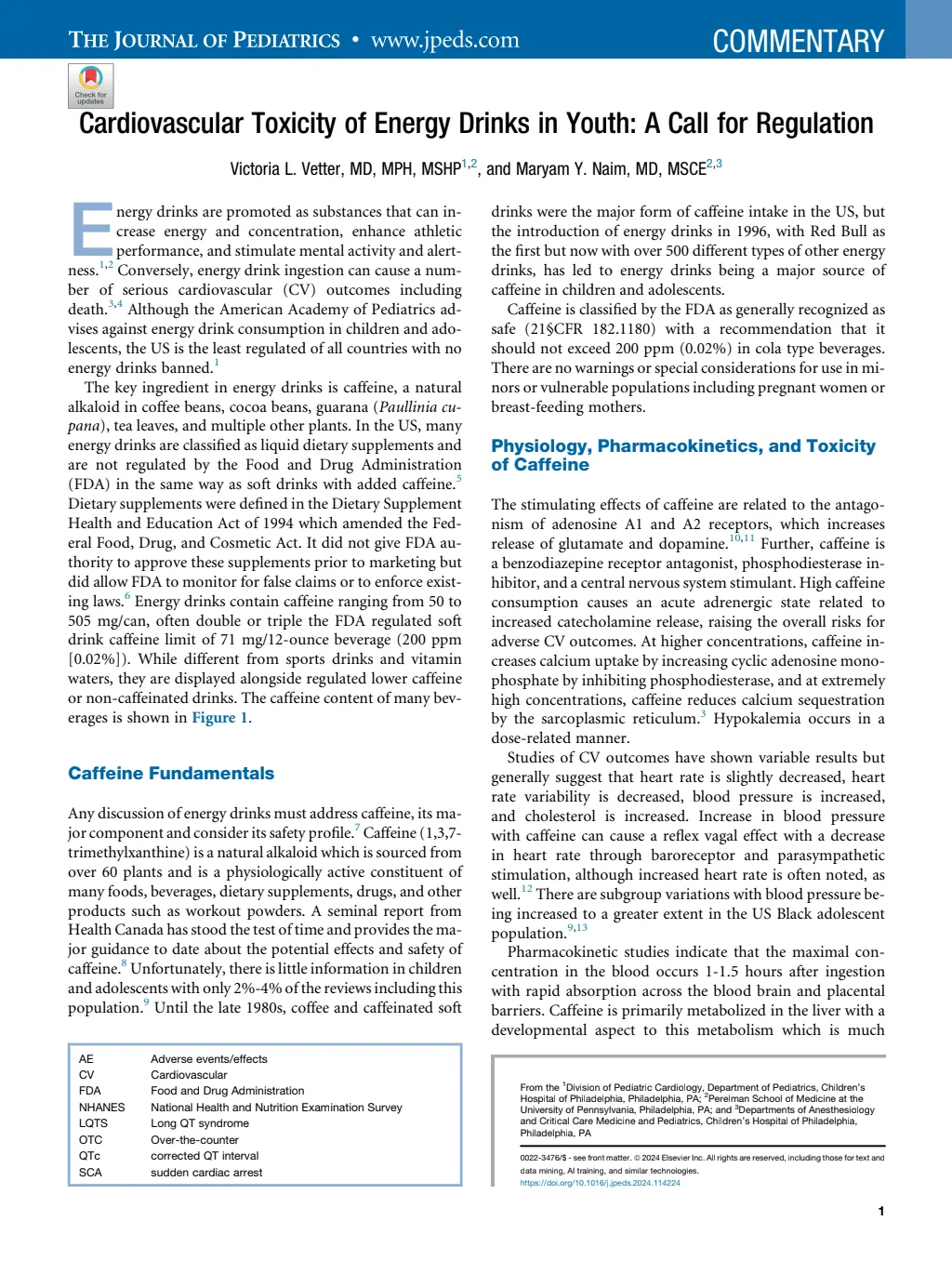 First page of “Cardiovascular Toxicity of Energy Drinks in Youth: A Call for Regulation”, The Journal of Pediatrics