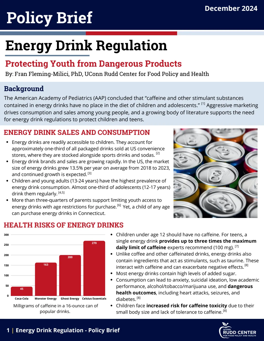 First page of the UConn Rudd Center policy brief “Energy Drink Regulation: Protecting Youth from Dangerous Products”
