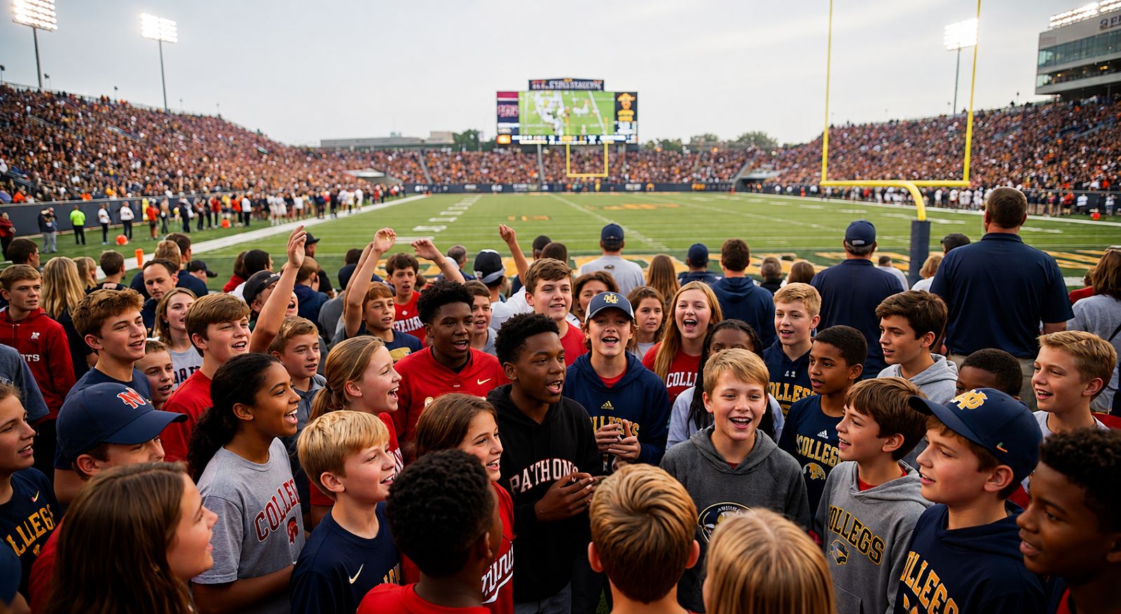 Crowd of young fans in college apparel cheering beside the field in a packed college football stadium