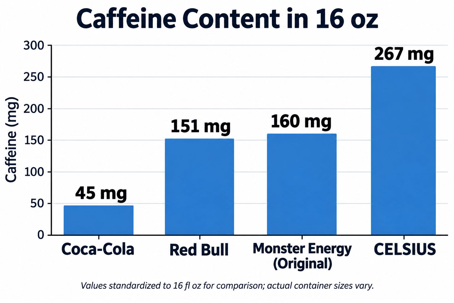 Bar chart of caffeine in 16 oz: Coca-Cola 45 mg, Red Bull 151 mg, Monster Energy 160 mg, Celsius 267 mg