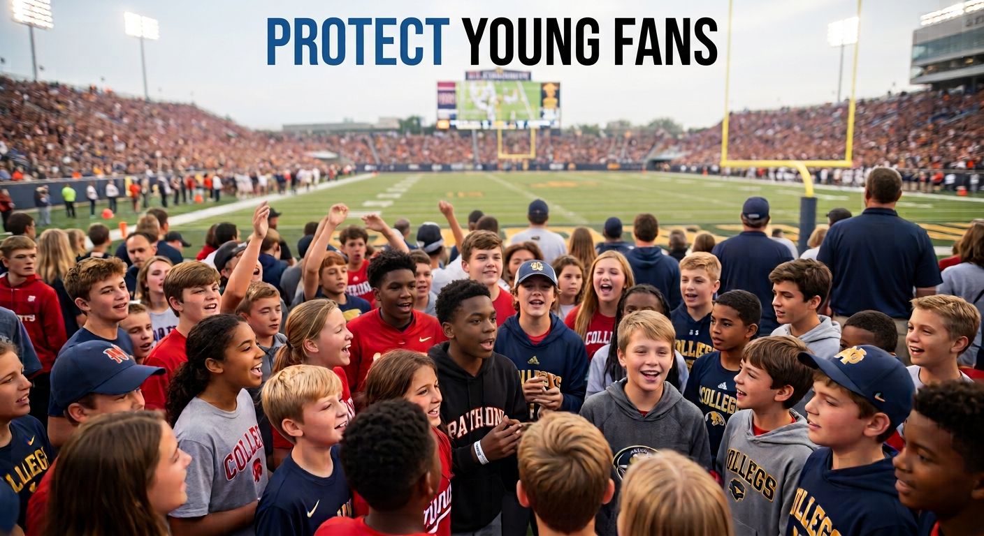 Protect Young Fans banner: young fans cheering in a college football stadium