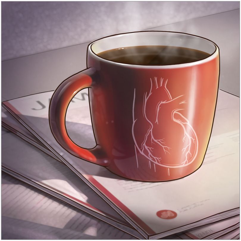 Illustration of a red coffee mug with an anatomical heart drawn on it, resting on medical journals