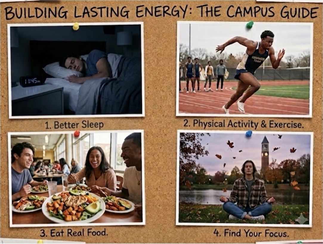 Corkboard titled “Building Lasting Energy: The Campus Guide” with four photos: better sleep, physical activity and exercise, eat real food, find your focus