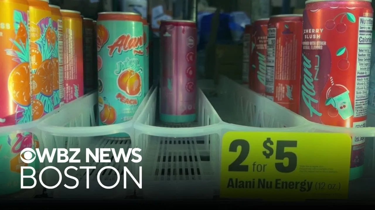 CBS Boston report: Alani Nu energy drinks on a store shelf priced two for five dollars