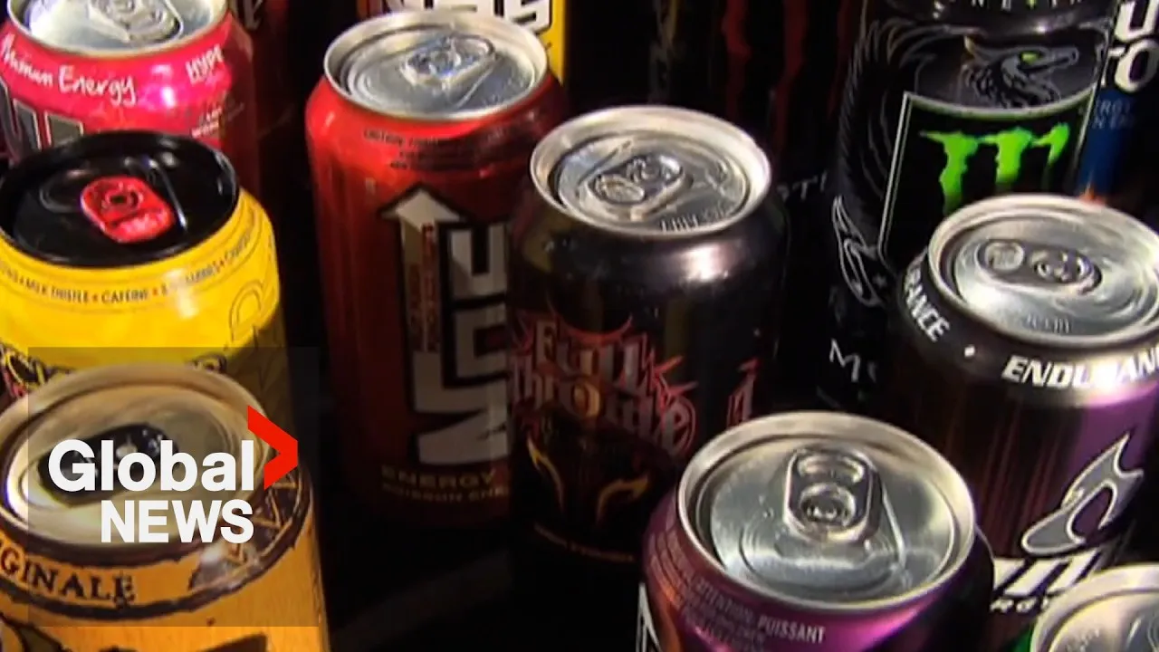 Global News report: assorted energy drink cans seen from above